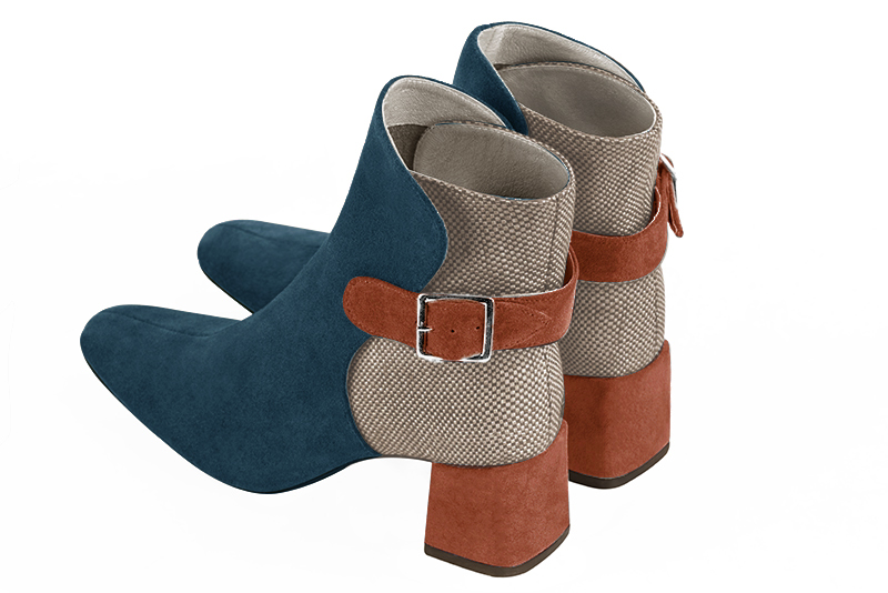 Peacock blue, natural beige and terracotta orange women's ankle boots with buckles at the back. Square toe. Medium block heels. Rear view - Florence KOOIJMAN